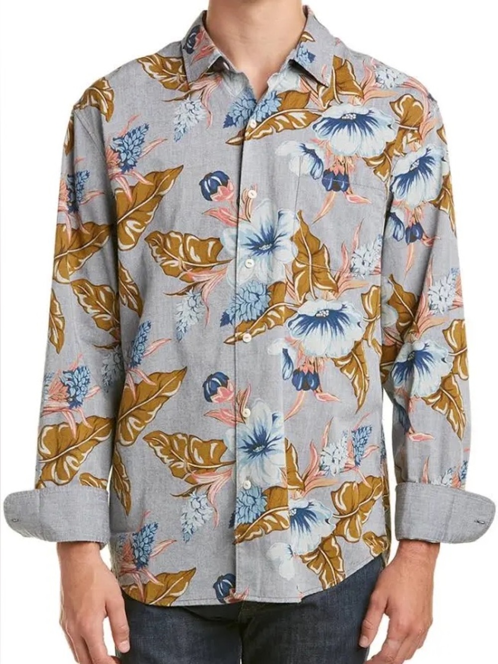 Tommy Bahama Paulo Chambray Hawaiian Button Shirt Men’s Gray Floral Tropical XL
